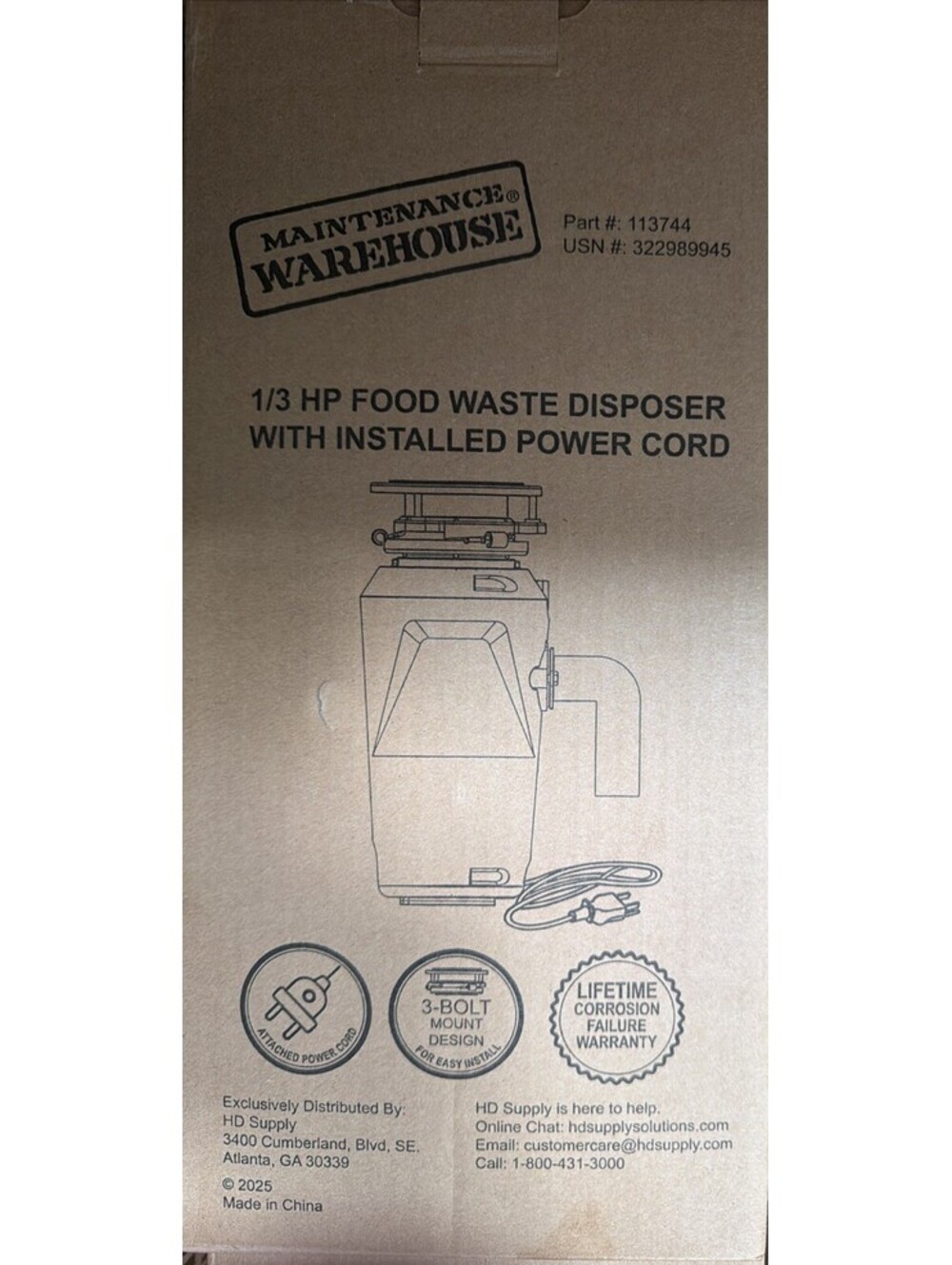 Maintenance Warehouse 1/3 HP Garbage Disposal Slim Line w/ Cord New 113744